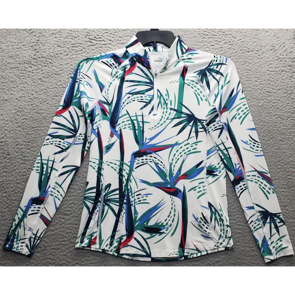 PUMA Activewear Top Womens XS Multi Palm Tree Golf Performance Mock Neck 1/4 Zip